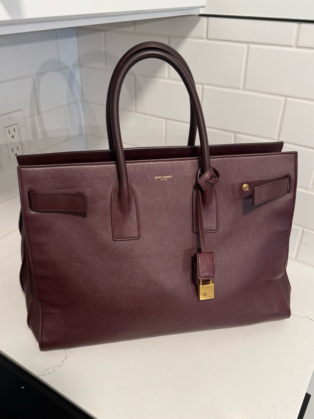 Saint Laurent Sac de Jour Large Bordeaux Leather Tote SDJ Gold Hardware Lock Key - Picture 2 of 16